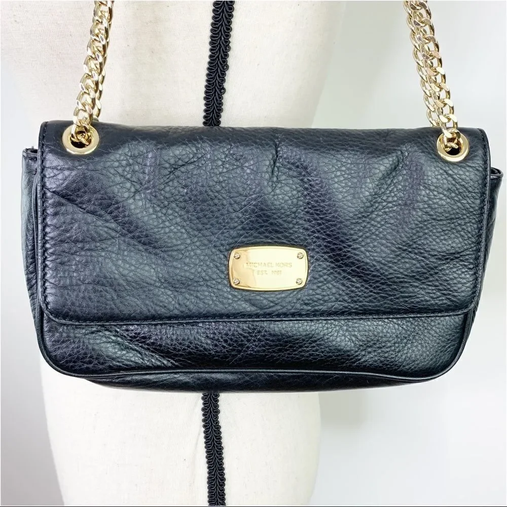 MICHAEL KORS Jet Set Black Leather/Double Gold‎ Chain Small Shoulder Bag